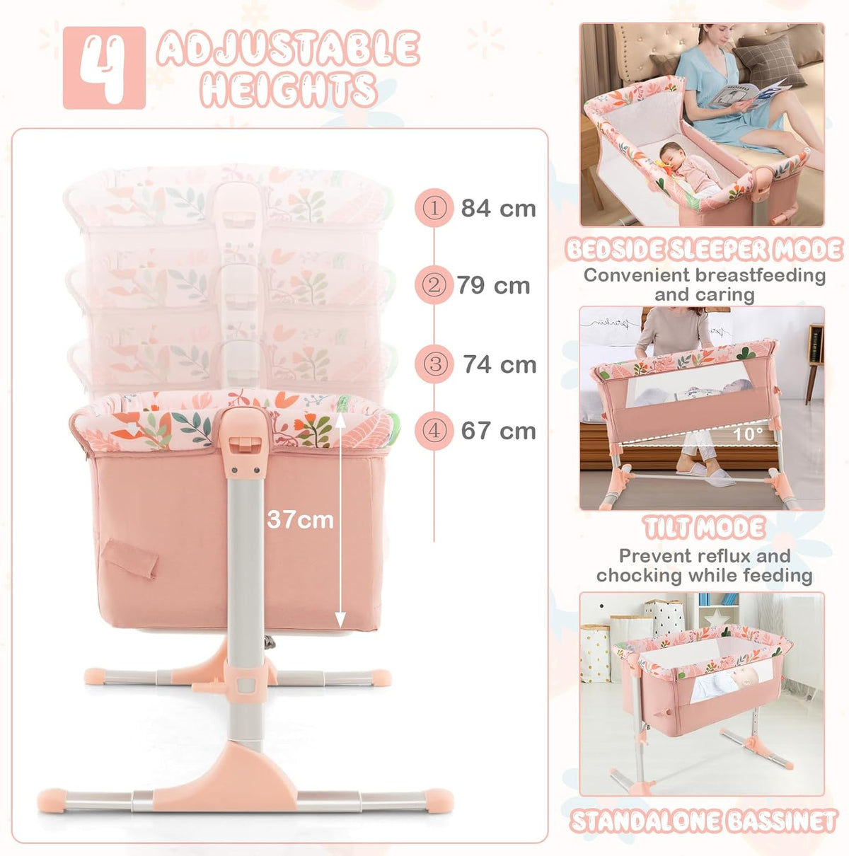 BABY JOY Folding Baby Bassinet Bedside Sleeper, Portable Co-Sleeper Travel Cot for Newborn/Infant w/4 Adjustable Heights