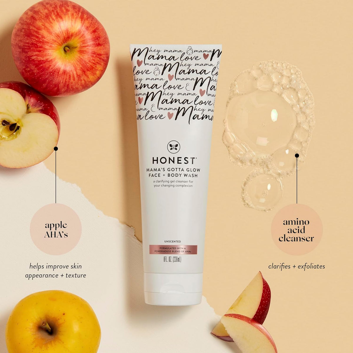 The Honest Company Honest Mama's Gotta Glow Face and Body Wash | Pregnancy-Safe Clarifying + Exfoliating AHA Cleanser | 8 fl oz