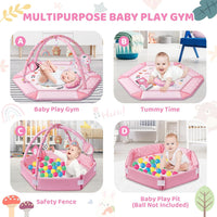 Baby Gym Play Mat, 8-in-1 Tummy Time Mat & Ball Pit with 6 Toys (Pink)