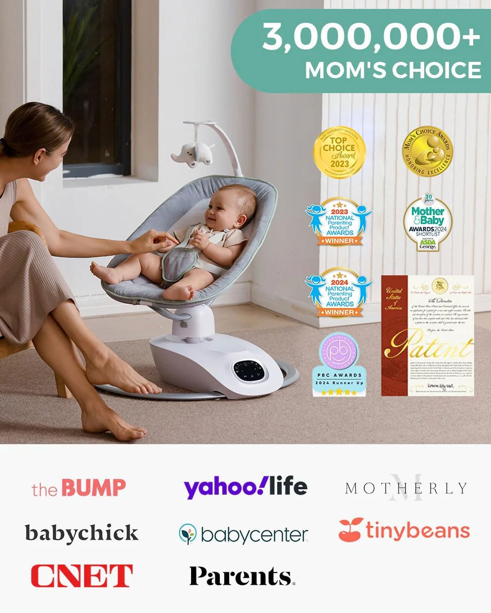 Momcozy CocoSway Baby Swing for Infants to Toddlers, Electric 3D-Motion Swing with 6 Motions & 4 Speeds, Remote Control, 8 Soothing Lullabies, Suitable for Baby Boys and Girls Up to 20 lbs