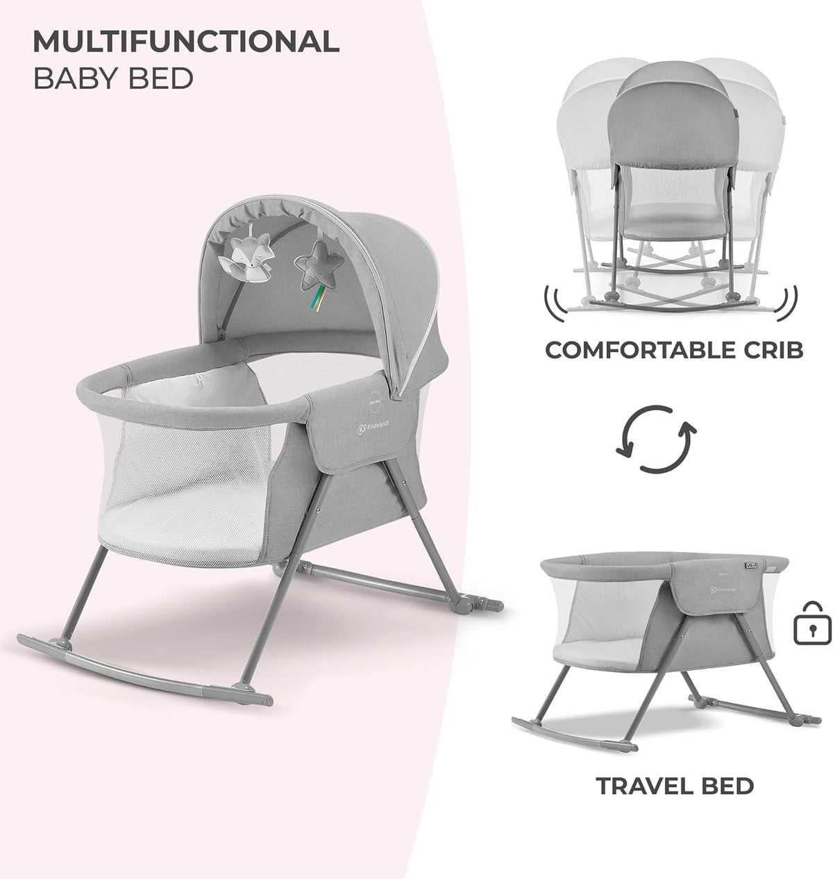 Kinderkraft Baby Crib 3 in 1 LOVI, Cradle, Travel Cot, Rocker, Easy Folding and Unfolding, Adjustable Canopy, with Accessories, Mattress Cover, Included Toys, Transport Bag, for Newborn, 0-9 kg, Gray