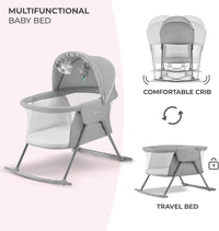 Kinderkraft Baby Crib 3 in 1 LOVI, Cradle, Travel Cot, Rocker, Easy Folding and Unfolding, Adjustable Canopy, with Accessories, Mattress Cover, Included Toys, Transport Bag, for Newborn, 0-9 kg, Gray