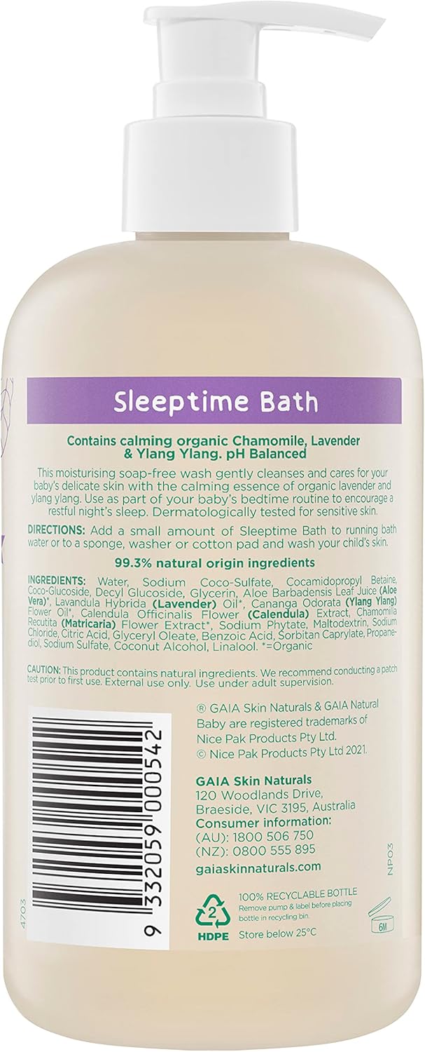 GAIA Natural Baby Sleeptime Wash | Certified Natural | Suitable for Newborns | Sensitive Skin formula | organic Lavender | organic Chamomile | Soap & SLS Free | Perfume Free | Australian Made - 500mL
