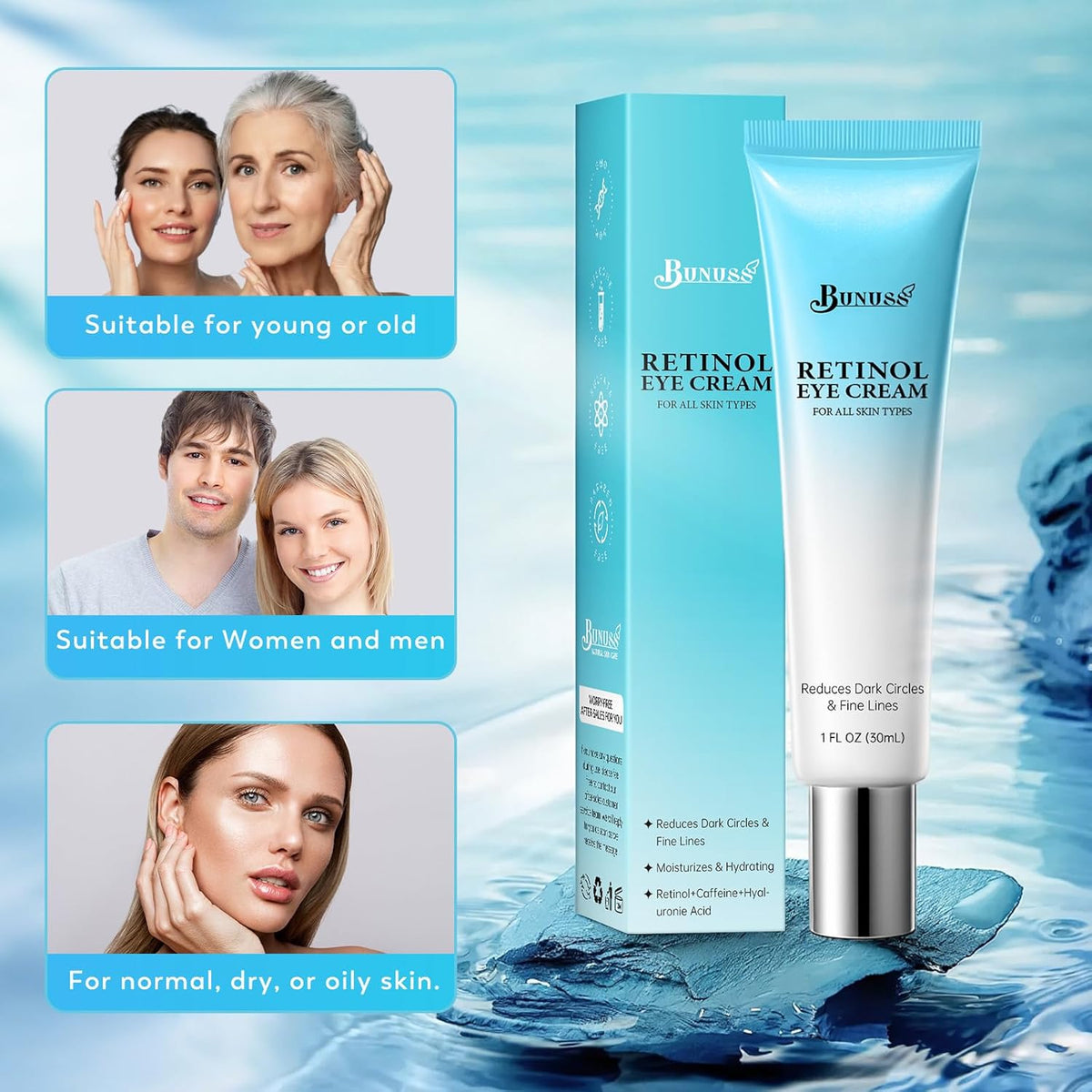 Retinol Eye Cream - Eye Cream for Dark Circles, Puffiness, Anti Aging, with Hyaluronic Acid, Peptides, Caffeine, Reduces Bags, Smooths Wrinkles & Fine Lines, Dark Circles Under Eye Treatment, 1 fl oz