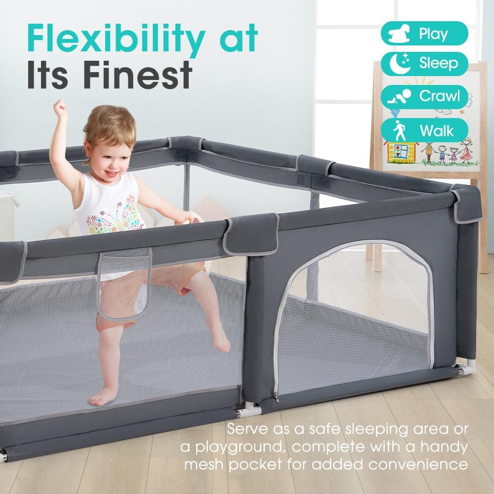 Baby Playpen – 180x200cm Spacious Play Yard for Babies & Toddlers,Grey