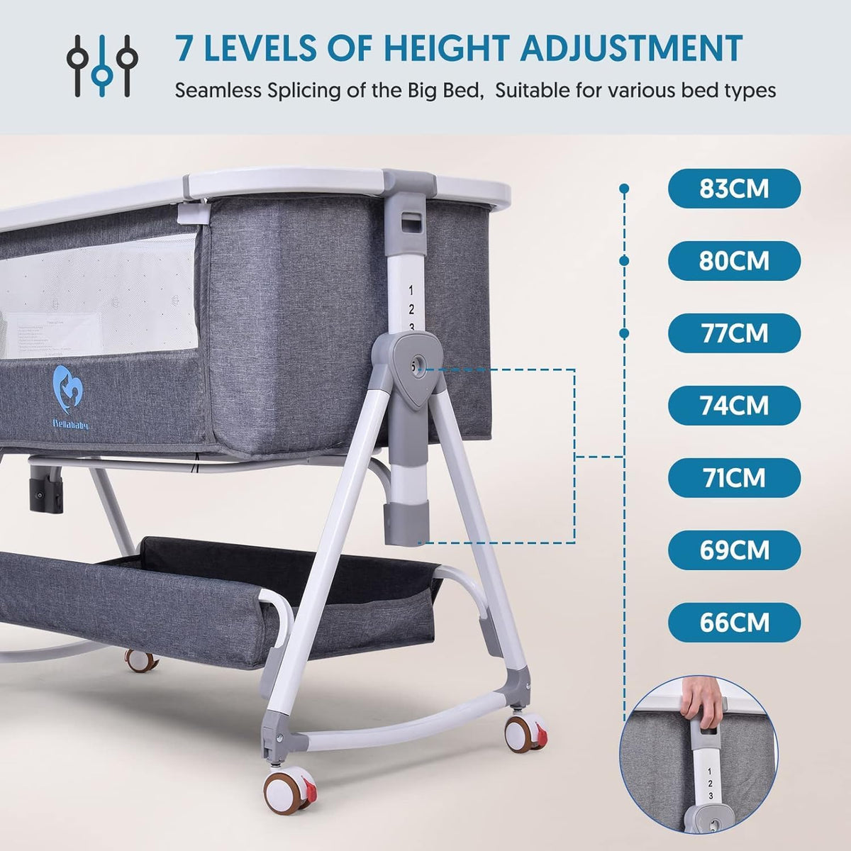 Bassinet Co Sleeper, Bellababy Baby Bedside Sleeper, Bedside Bassinet for Safe Co-Sleeping, Storge Bag, Universal Wheel with Brake, Easy to Assemble, Grey