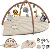 Blissful Diary Baby Play Gym & Activity Mat, Leaf Shaped Baby Tummy Time Play Mat with 6 Detachable Toys, Promotes Motor Skills & Sensory Development, Oatmeal Beige