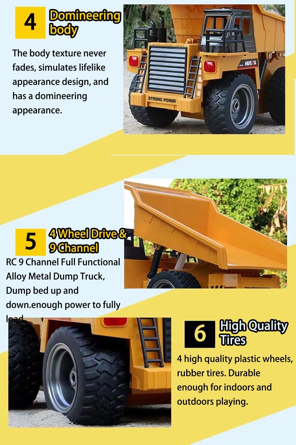 Remote Control Dump Truck Toy,2 Rechargeable Batteries RC Trucks 9 Channel 4WD with Lights