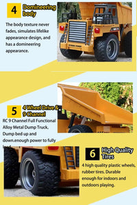 Remote Control Dump Truck Toy,2 Rechargeable Batteries RC Trucks 9 Channel 4WD with Lights