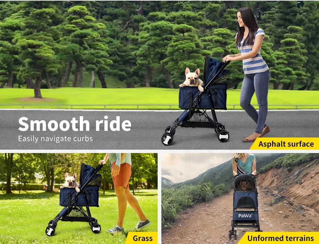 PaWz Large Pet Stroller Dog Cat Carrier Travel Pushchair Foldable Pram 4 Wheels Blue, Travel Pram, Dog Cat Trolley, Detachable Design Baby Pet Travel Stroller, Removable and Washable Padded