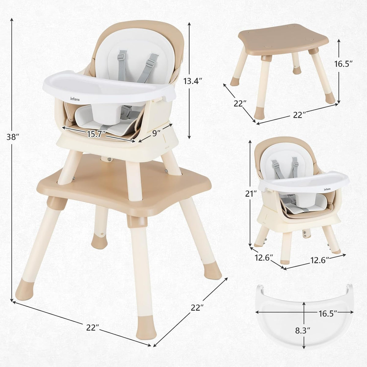 INFANS 8 in 1 Baby High Chair, Convertible Highchair for Babies and Toddlers(Light Brown)