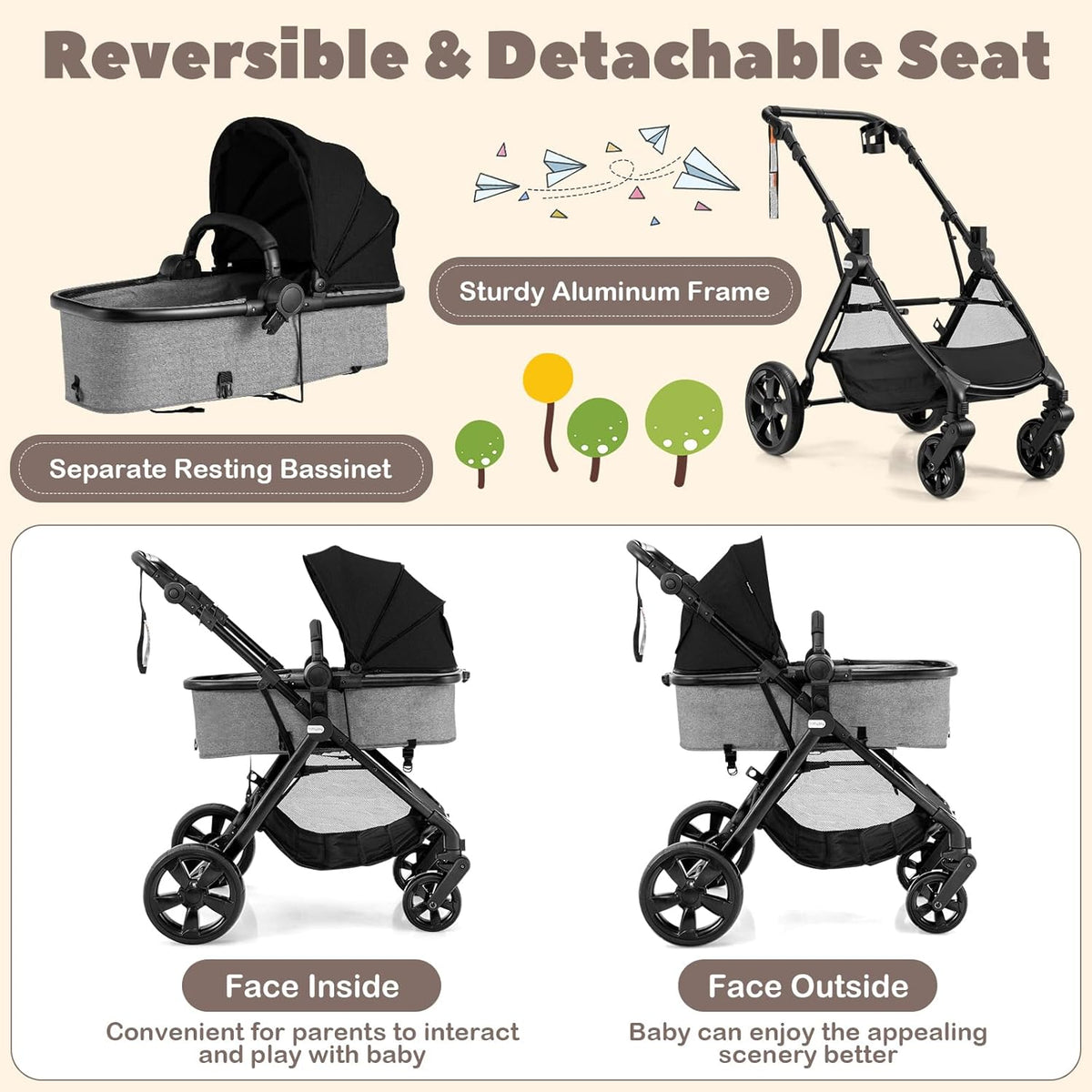 High Landscape Baby Stroller, 2 in 1 Convertible Baby Pram Jogger with Adjustable Canopy (Black)