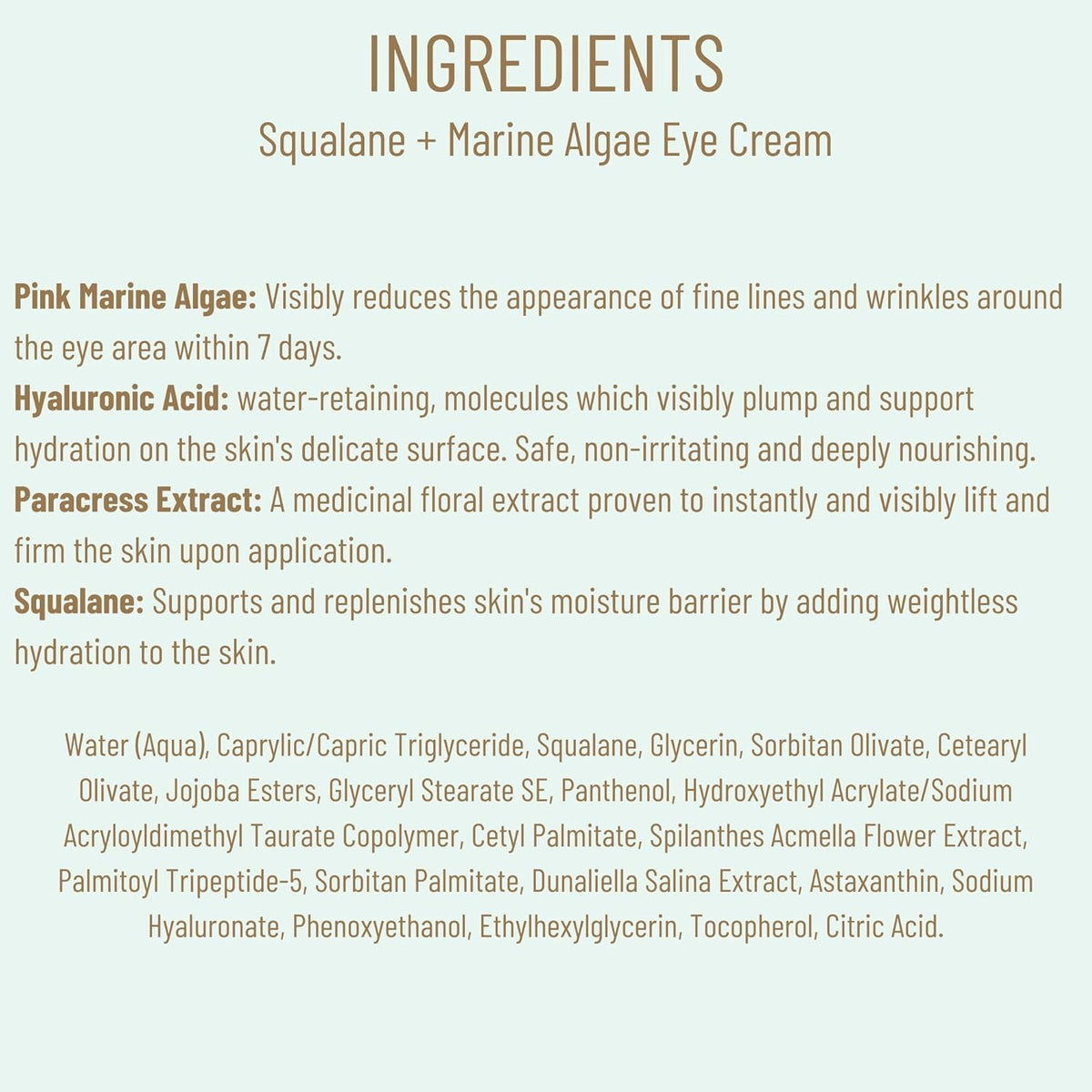 BIOSSANCE Squalane and Marine Algae Eye Cream - Anti-Aging Under Eye Cream for Fine Lines, Wrinkles, and Puffiness - Hydrating & Lifting Formula with Hyaluronic Acid and Paracress Extract - 0.5 Ounce
