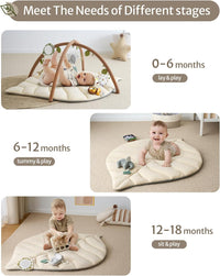 Blissful Diary Baby Play Gym & Activity Mat, Leaf Shaped Baby Tummy Time Play Mat with 6 Detachable Toys, Promotes Motor Skills & Sensory Development, Oatmeal Beige