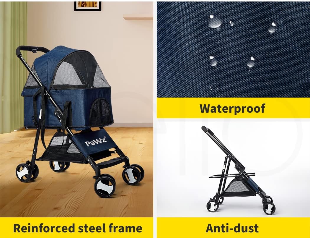 PaWz Large Pet Stroller Dog Cat Carrier Travel Pushchair Foldable Pram 4 Wheels Blue, Travel Pram, Dog Cat Trolley, Detachable Design Baby Pet Travel Stroller, Removable and Washable Padded