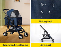 PaWz Large Pet Stroller Dog Cat Carrier Travel Pushchair Foldable Pram 4 Wheels Blue, Travel Pram, Dog Cat Trolley, Detachable Design Baby Pet Travel Stroller, Removable and Washable Padded