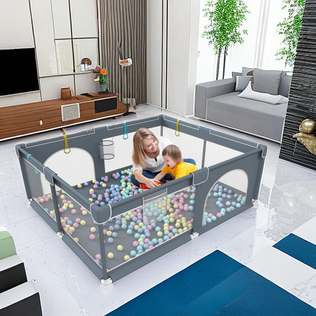 HAOIOPM Baby Playpen for Babies 150 * 180 * 65CM Large Baby Fence,20 Ocean Balls,Gray