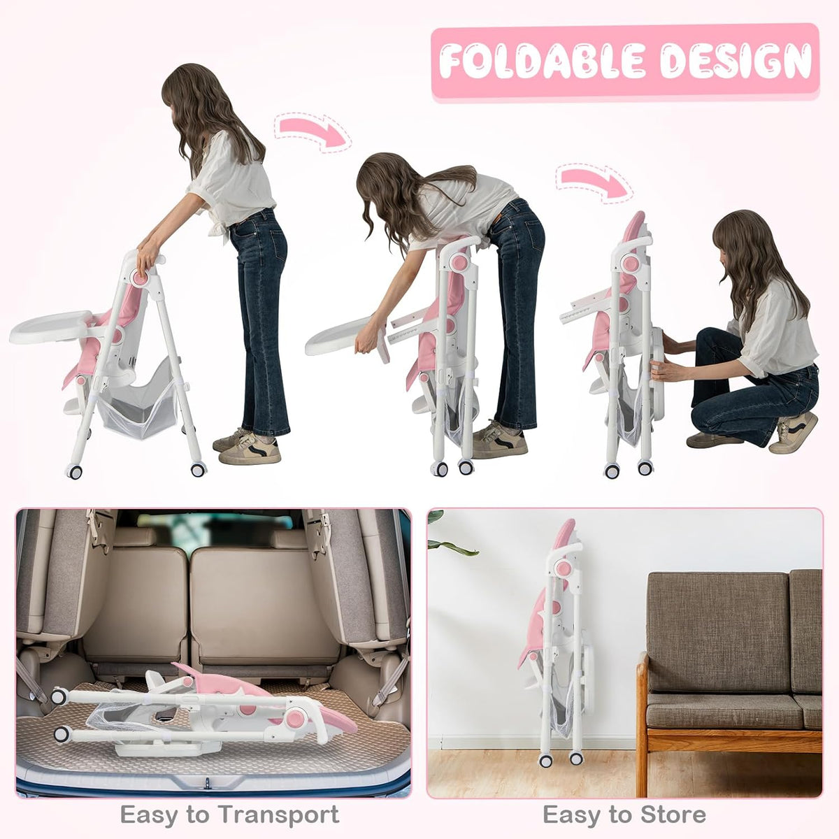 BABY JOY Baby High Chair, Foldable Highchair w/ 7 Heights, 5 Recline Positions (Pink)