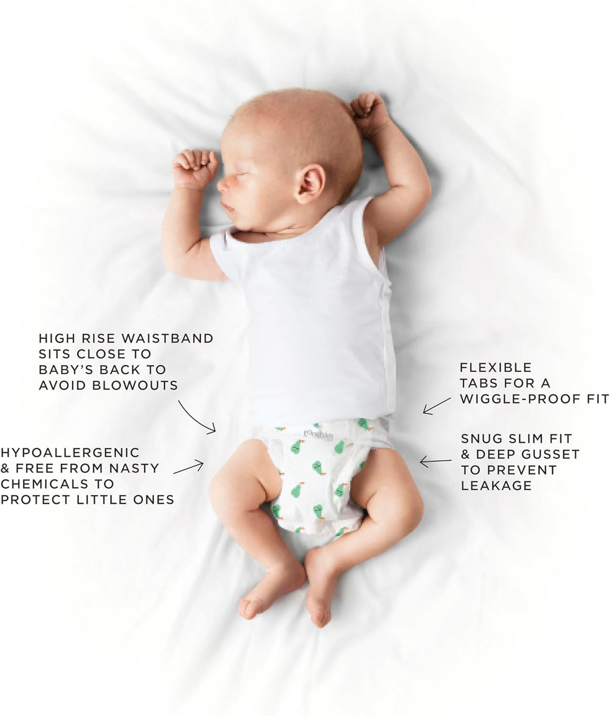 Tooshies Nappies Size 1 Newborn 3-5kg Made with Organic Bamboo 12 hrs leak free Unisex Pear Print 2 pack of 52