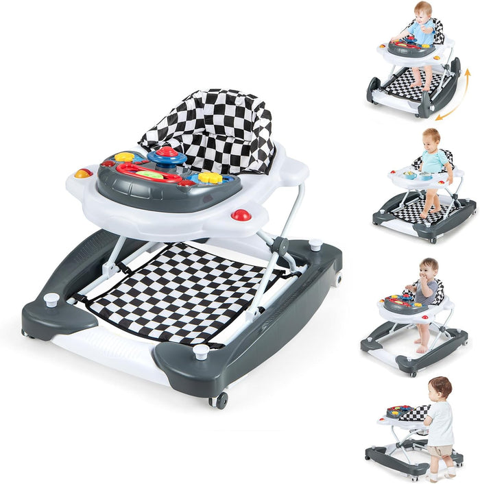 BABY JOY 6 in 1 Baby Walker, Anti-Rollover Toddler Walker & Activity Center w/Adjustable Height, Removable Music Tray & Padded Seat, Foldable Baby Standing Toys w/Wheels for 7-14 Months (Grey)