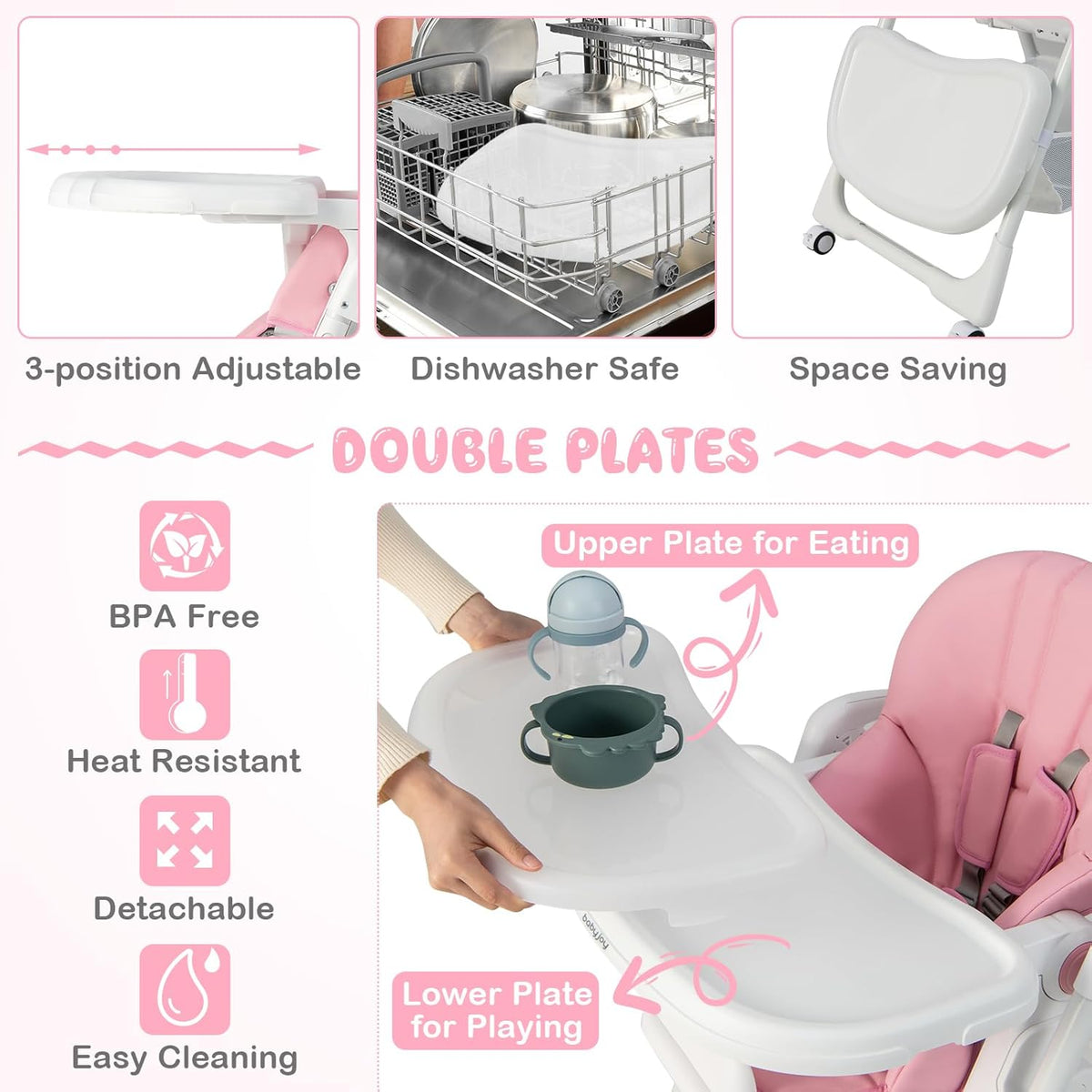 BABY JOY Baby High Chair, Foldable Highchair w/ 7 Heights, 5 Recline Positions (Pink)