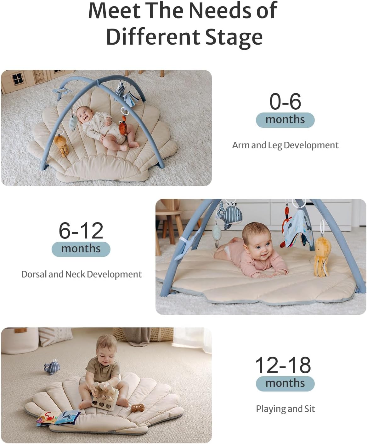 Blissful Diary Shell Baby Play Gym Mat, Softer & Enlarged Tummy Time Mat w 6 Detachable, Boho Ocean Theme
