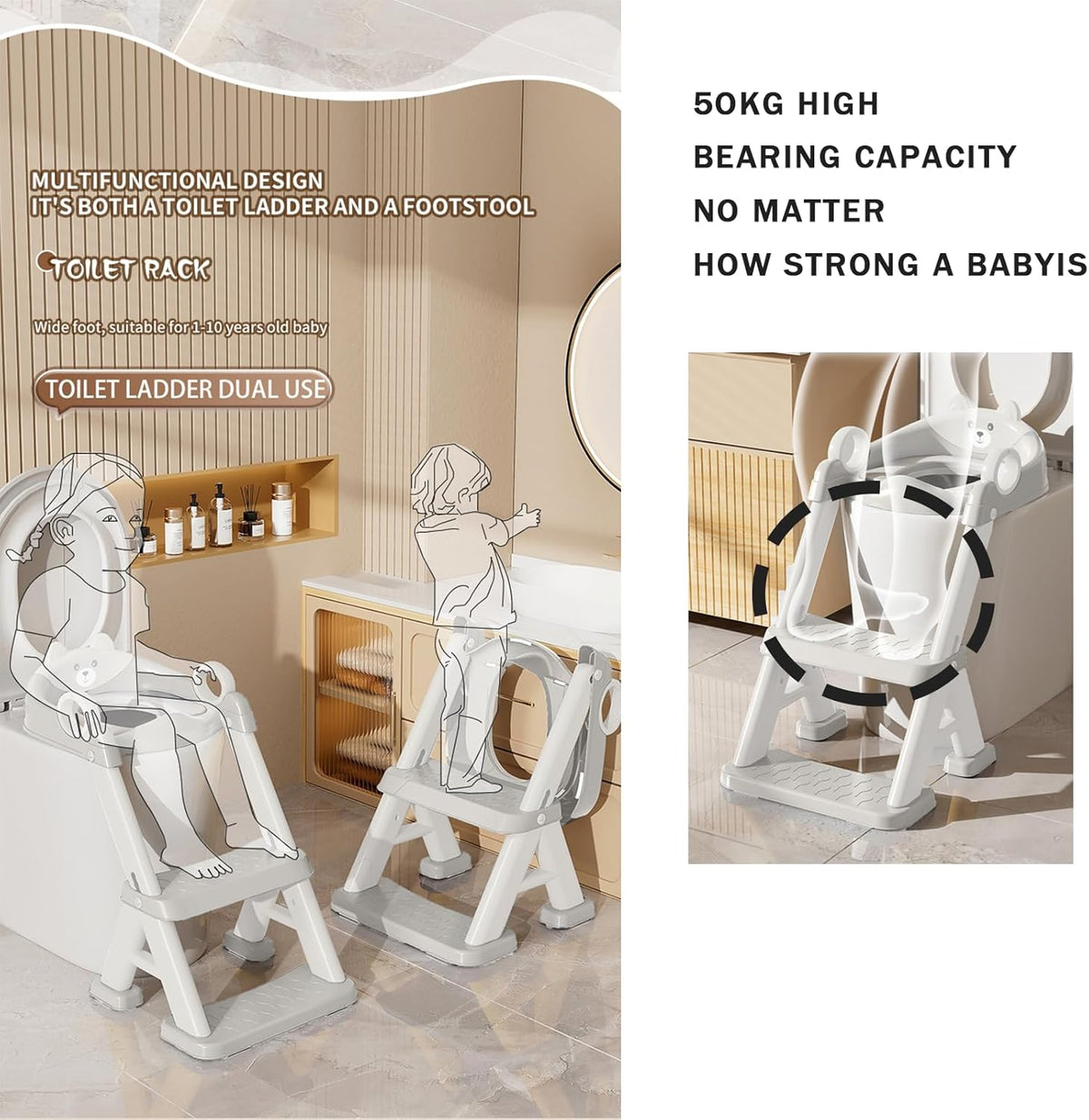Toilet Potty Training Seat with Step Stool Ladder, Comfortable Safe Potty Seat with Anti-Slip Pads Ladder & Bear-Grey