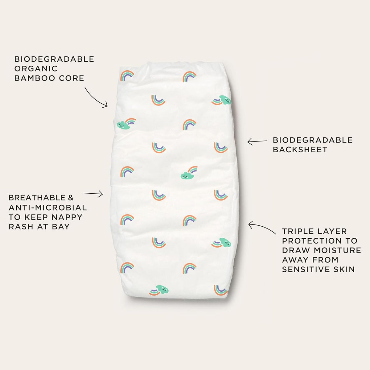 Tooshies Nappies | Size 4 Toddler 10-15kg | Made with Organic Bamboo | 12 hrs leak free | Unisex | Rainbow Print | 2x36pk