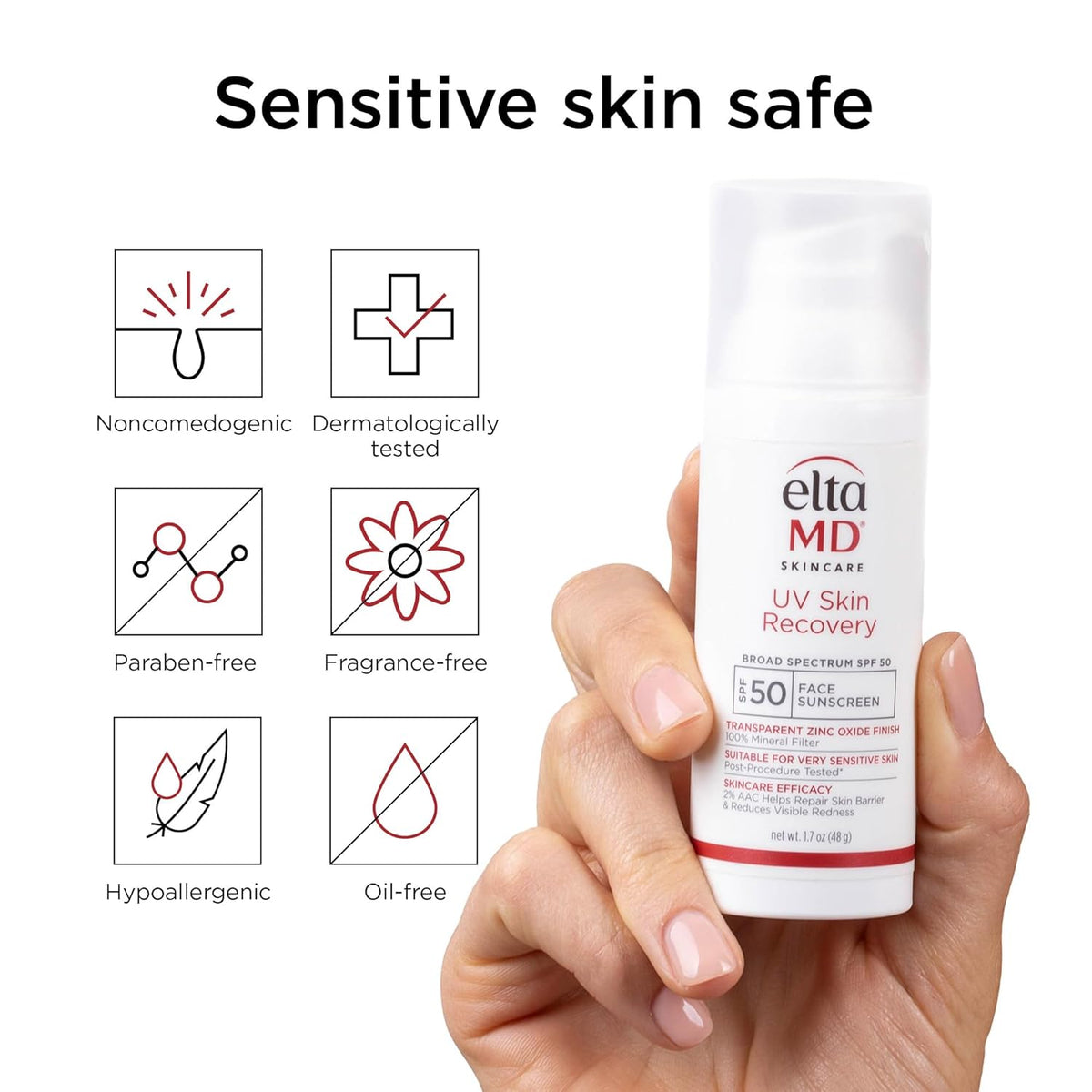 EltaMD UV Skin Recovery Face Sunscreen with Zinc Oxide, All Mineral, Safe for Sensitive Skin SPF 50