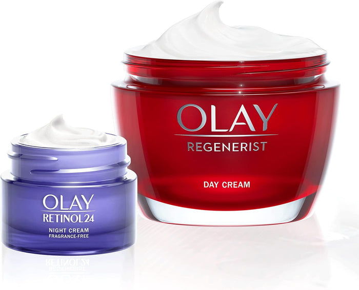 Olay Day and Night Set: Regenerist Day Cream 50 ml and Retinol24 Night Cream 15 ml Instant Moisture for 24 Hours