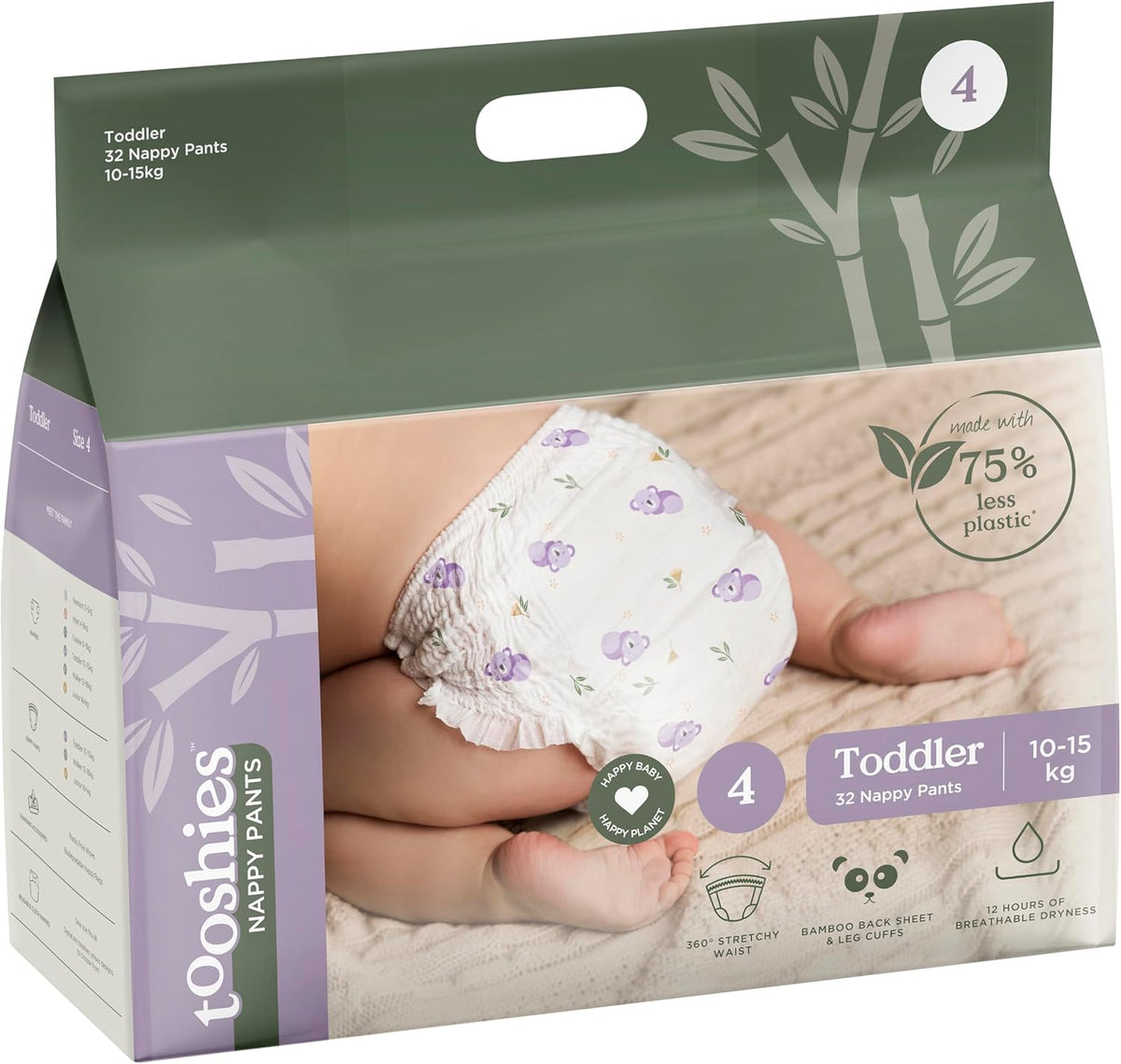 Tooshies Nappy Pants | Size 4 Toddler 10-15kg | 75% Less Plastic | 12 hours leak free | Pull Up and tear off | Unisex | Koala Print | 4 x 32pk