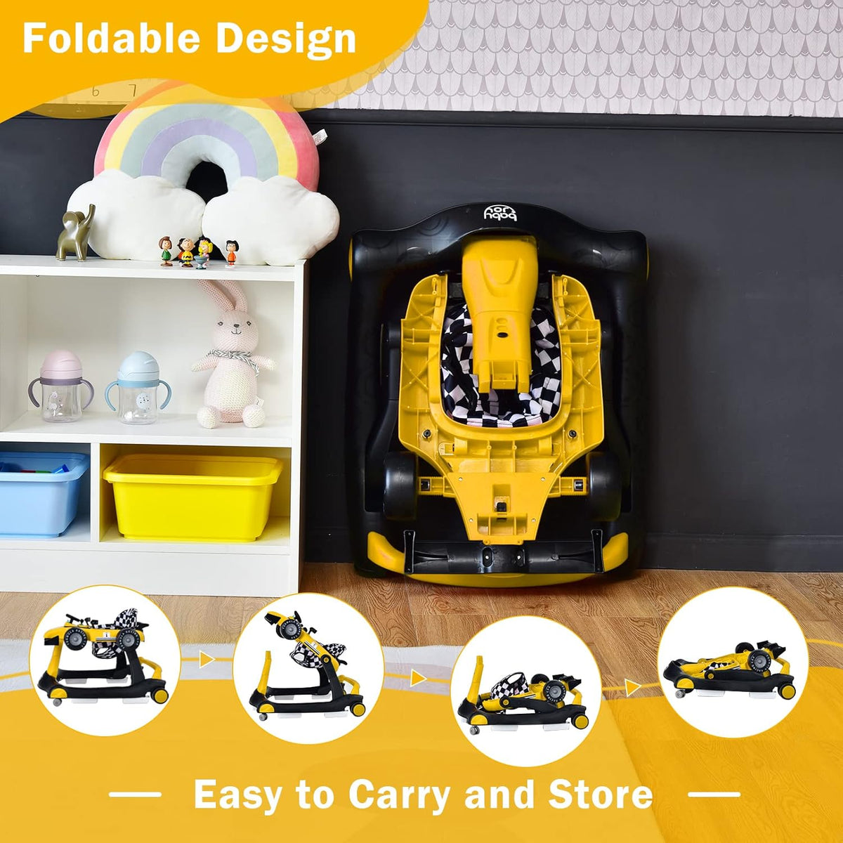 BABY JOY 4-in-1 Baby Walker, Foldable Activity Car Baby Walker w/3 Adjustable Height(Yellow)