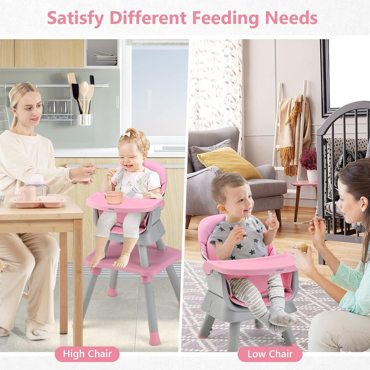 INFANS 8 in 1 Baby High Chair, Convertible Highchair for Babies and Toddlers (Pink)