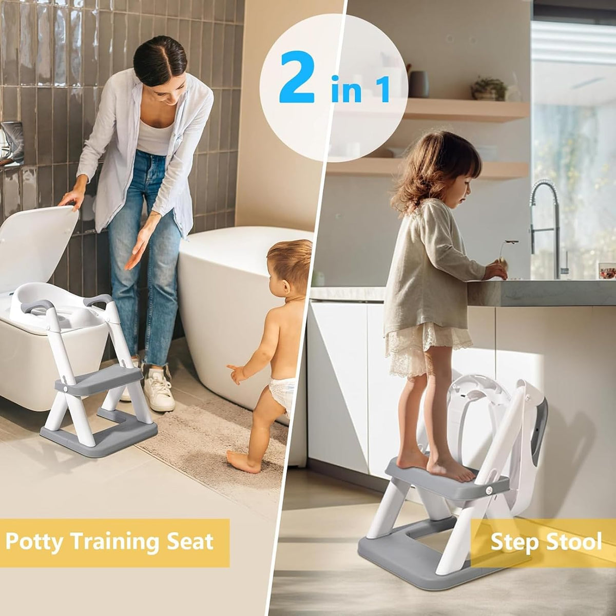 Potty Training Seat with Step Stool - Adjustable Height (Grey)