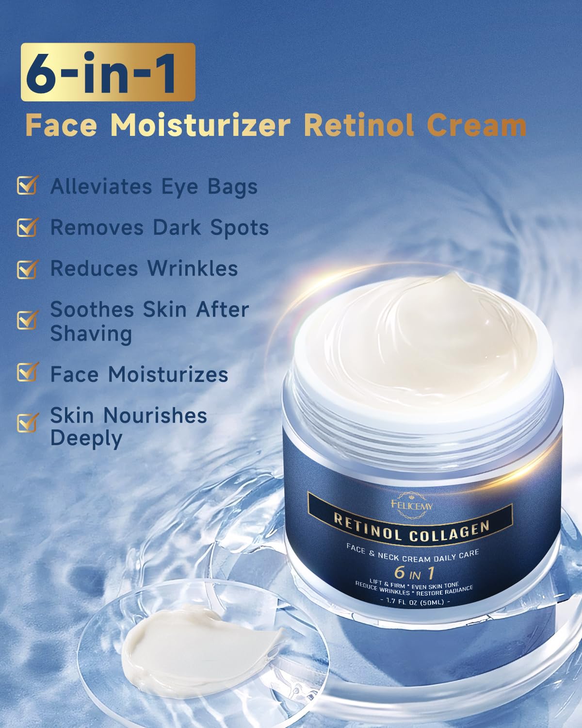 6 in 1 Face Cream for Men, Mens Face Moisturizer, Anti Aging Neck Collagen Creams for Men with Retinol Collagen & Hyaluronic Acid, Eye Bags & Dark Spot Remover, After Shave Lotion 1.7 Fl Oz