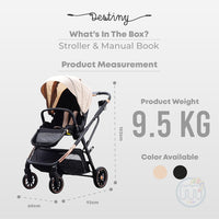 Destiny Black Convertible 2in1 Aluminium Alloy Pram Stroller Bassinet, Stroller Bag, Inner Cushion Included