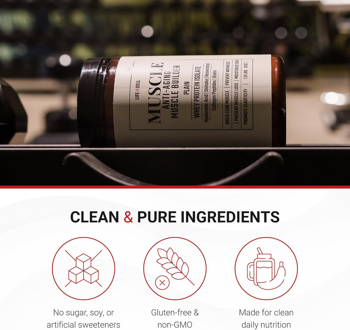 LifeCell Whey Protein – Anti-Aging Muscle Builder with Shiitake Mushroom, Collagen & Hyaluronic Acid – Unflavored, No Sugar Added, Soy-Free, Gluten-Free, 600g (18 Servings)