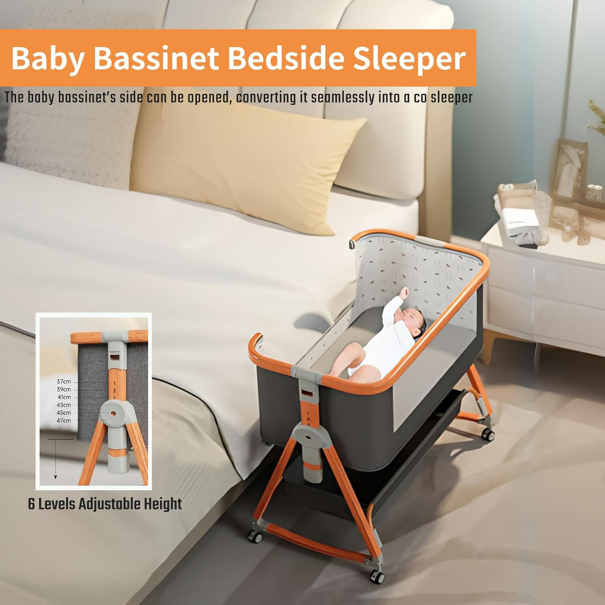 4 in 1 Baby Bassinet, Rocking Baby Cradle with Wheels | 6-Level Adjustable Height Bedside Sleeper |