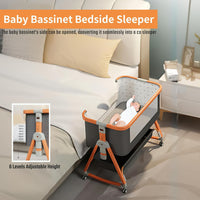 4 in 1 Baby Bassinet, Rocking Baby Cradle with Wheels | 6-Level Adjustable Height Bedside Sleeper |