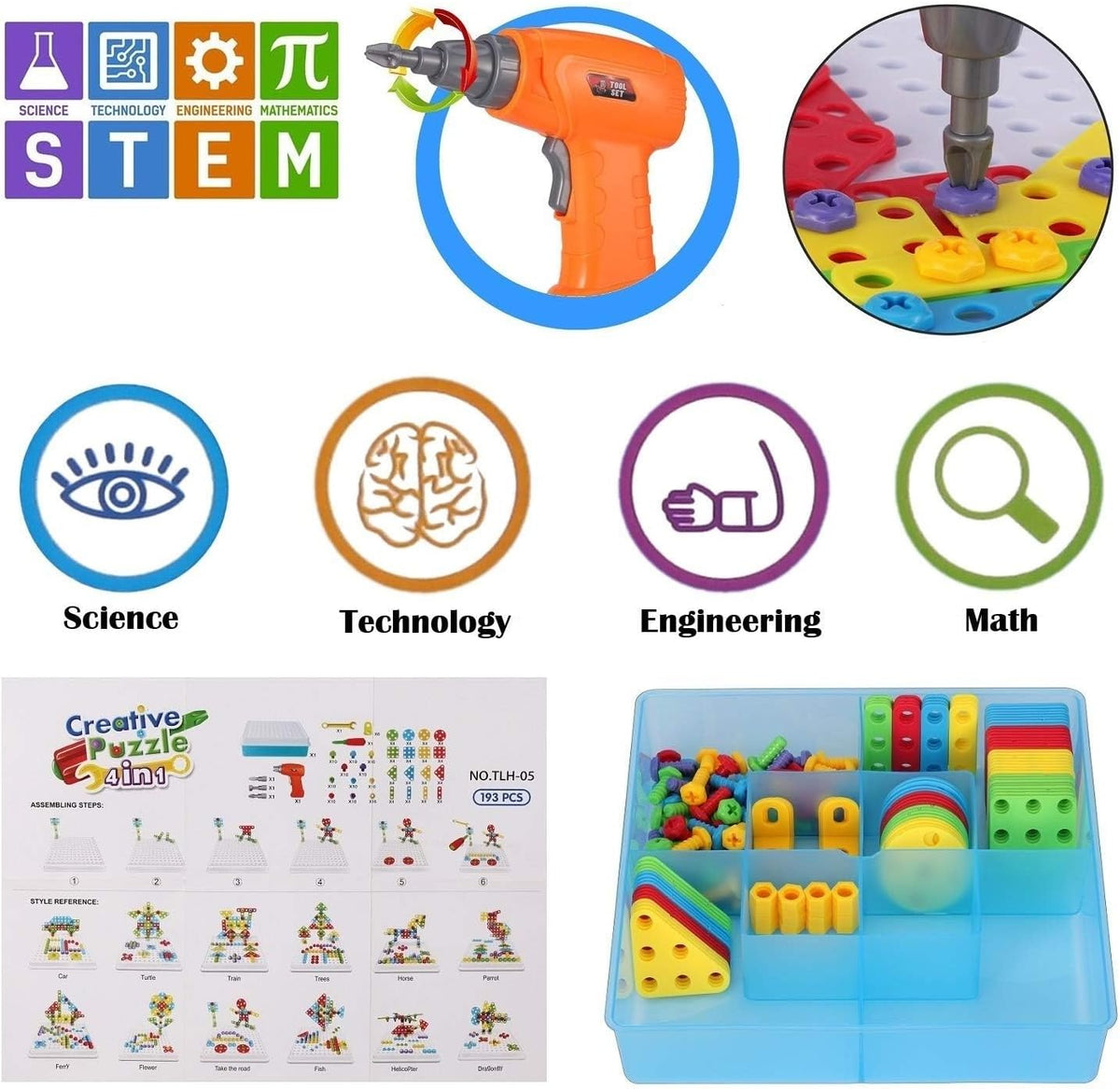 Creative Mosaic Drill Set for Kids, Creative Drilling Toy with Screwdriver Tool Playset, 3+