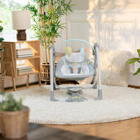 Ingenuity Swing 'n Go 5-Speed Baby Swing - Foldable, Portable, 2 Plush Toys & Sounds, 0-9 Months 6-20 lbs (Hugs & Hoots)