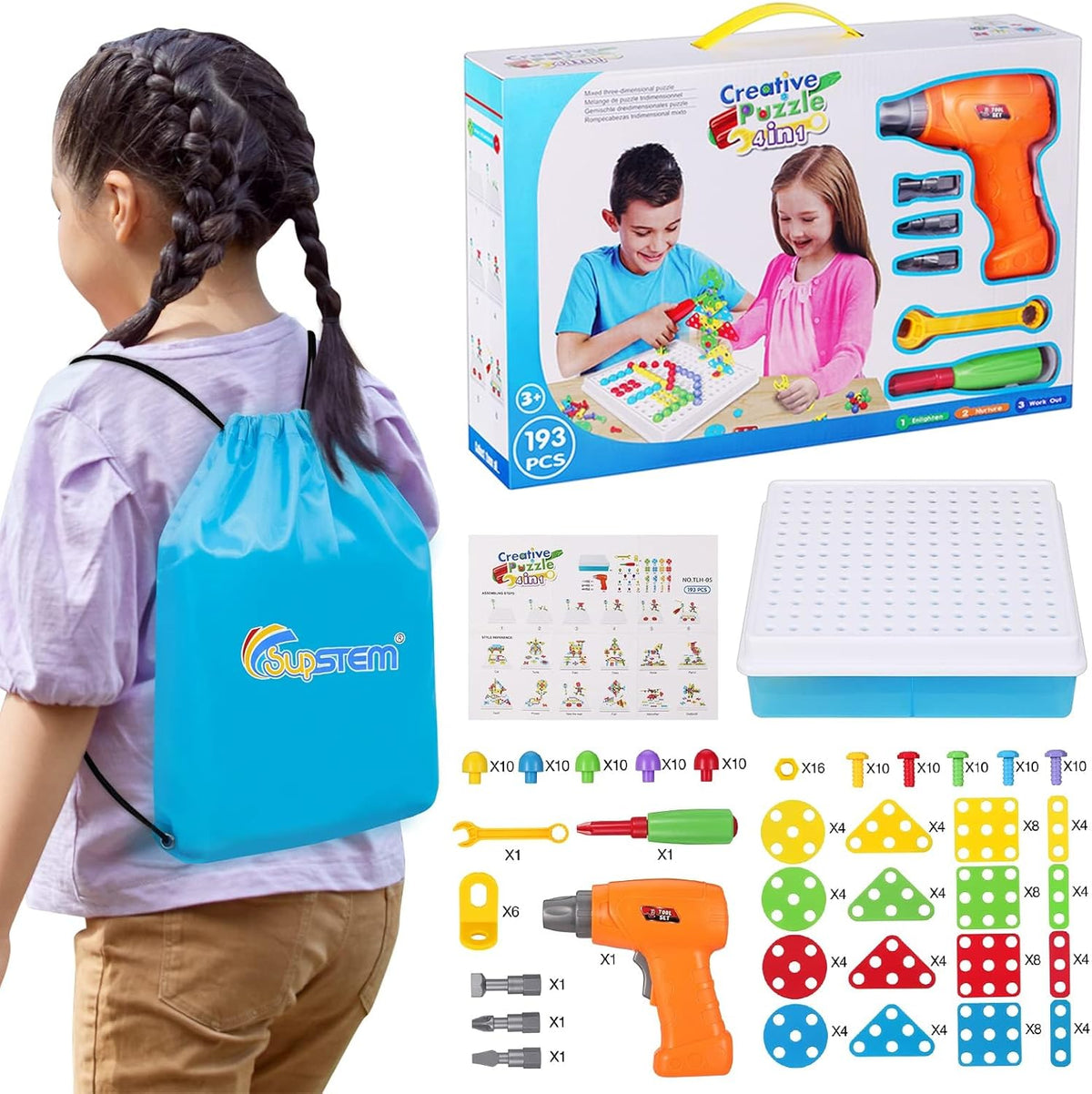 Creative Mosaic Drill Set for Kids, Creative Drilling Toy with Screwdriver Tool Playset, 3+