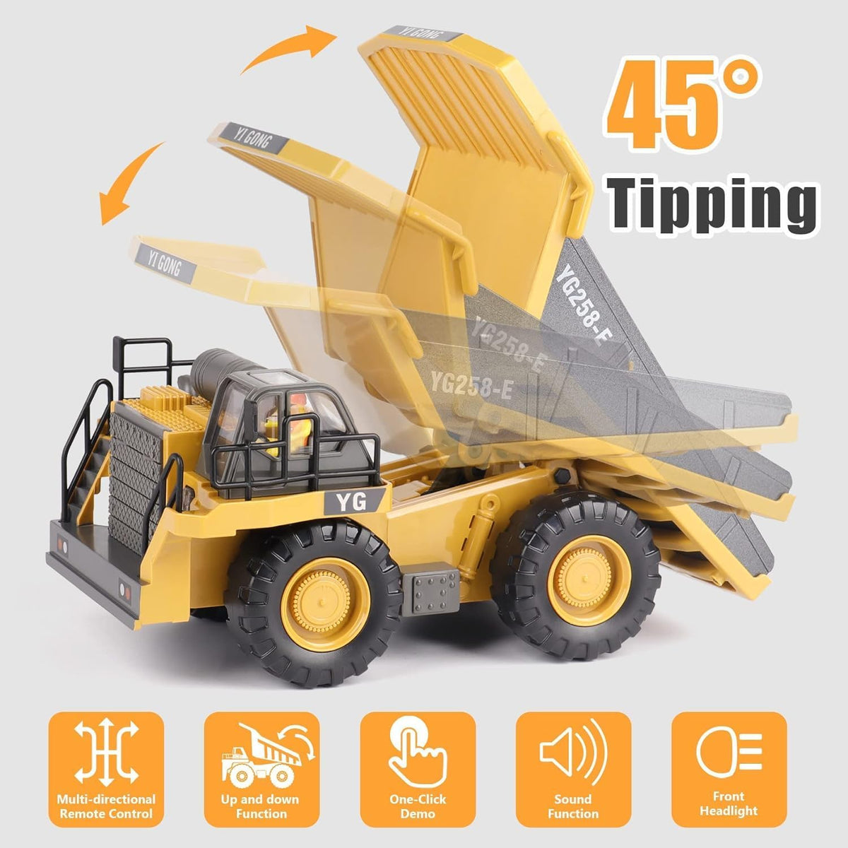 RC Dump Truck Toy for Kids, Remote Control Construction Toys Vehicle with Metal Bed and Light/Music, Birthday Gifts Ideas for Boys Gilrs