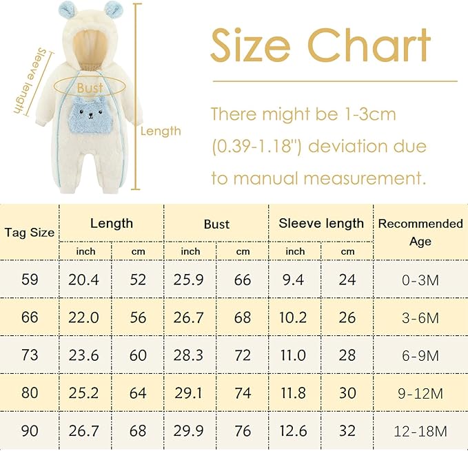 KEOYA Newborn Infant Unisex Baby Thicken Fleece Coveralls Romper Hooded Footies Cute Rabbit Snowsuit Outfit 0-18M