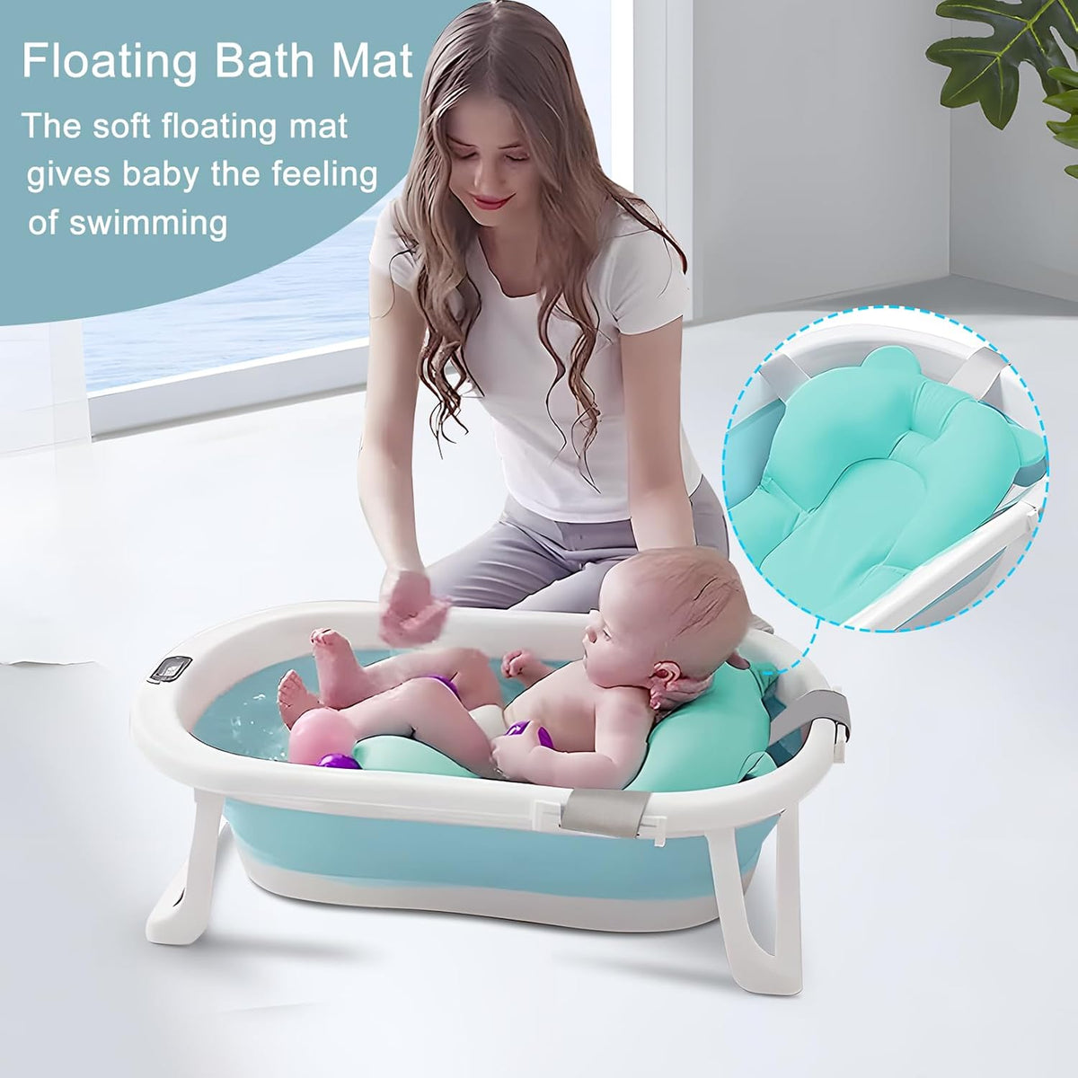 Baby Bath Tub, Baby Bathtub with Water Temperature Sensor for Newborn, Timkos Collapsible Bath for Travel, Baby Bath Seat with Support Pad and Thermometer (Blue)