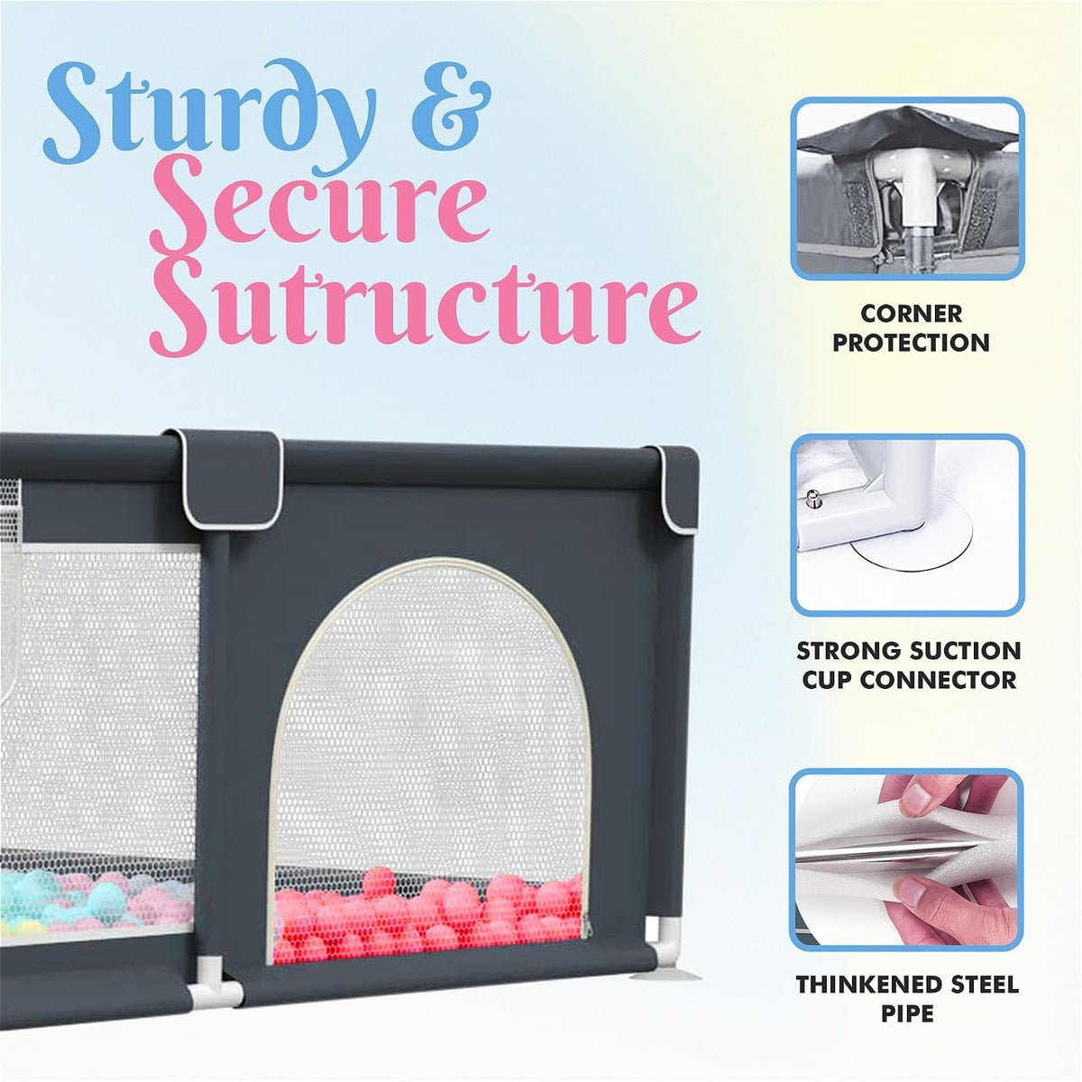Large Baby Playpen with Foam Playpen Mat 127×127×68 CM-  4 Hand Grips, 40 Balls, Storage Bag and Basket - Grey