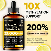 Venture Pal 11-in-1 Vitamin B Complex Liquid Drops, B12 Methylcobalamin | B9 Folic | B1,B2,B3,B5,B6,B7 - Vitamin C, Choline, Inositol, Immune & Energy Metabolism, Brain & Heart Support