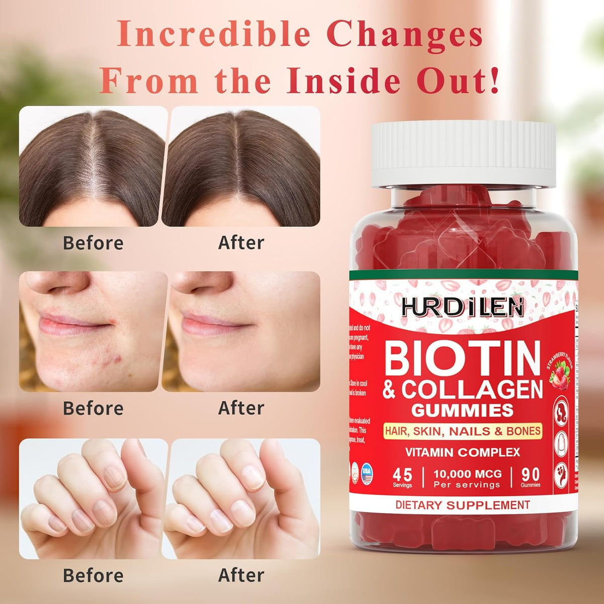 Hair Skin and Nails Gummies, 10000mcg Biotin Collagen Gummies for Women & Men, 90 Gummies