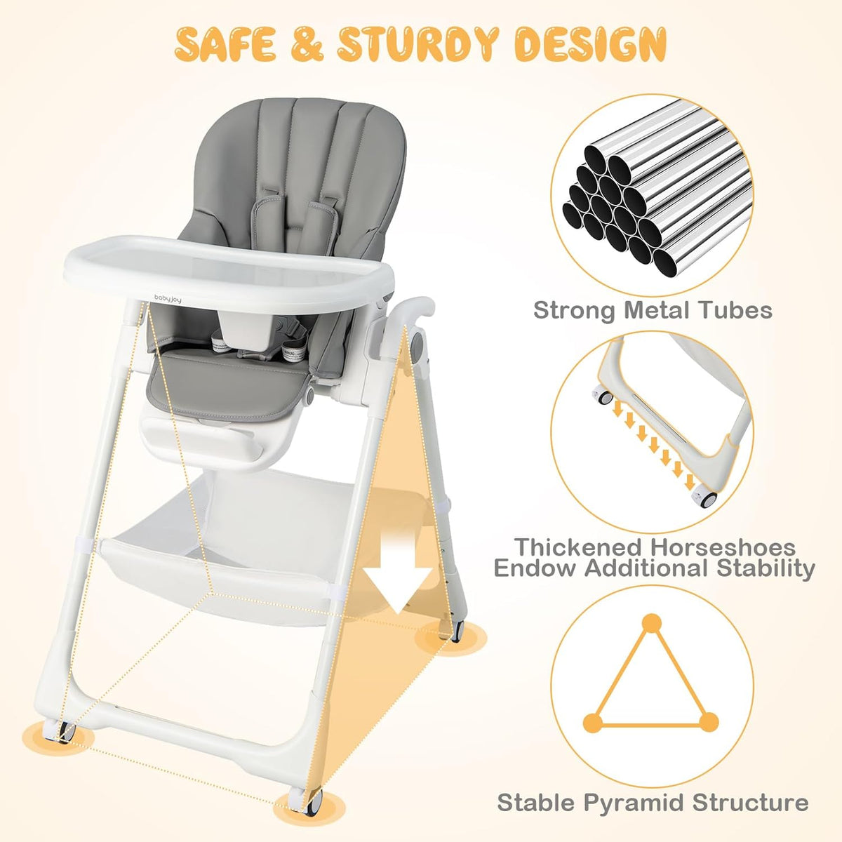 BABY JOY Baby High Chair, Foldable Highchair w/ 7 Heights, 5 Recline Positions(Grey)