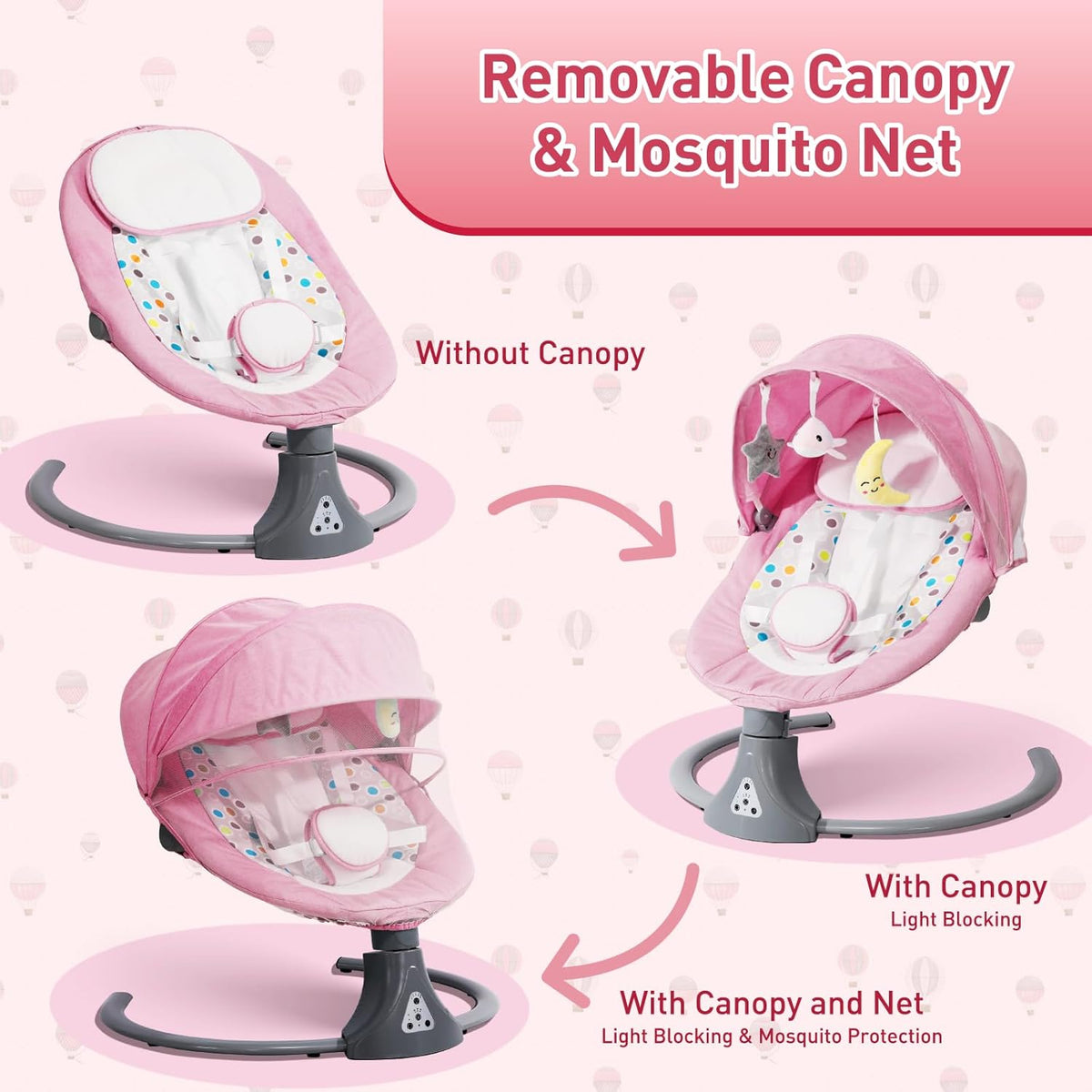 Electric Baby Swing Chair: Baby Rocker with Bluetooth Remote Control - Baby Bouncer Chair 5 Speeds & 12 Preset Lullabies Toddler Swing with 3 Timers for Newborn Boys & Girls (Pink)